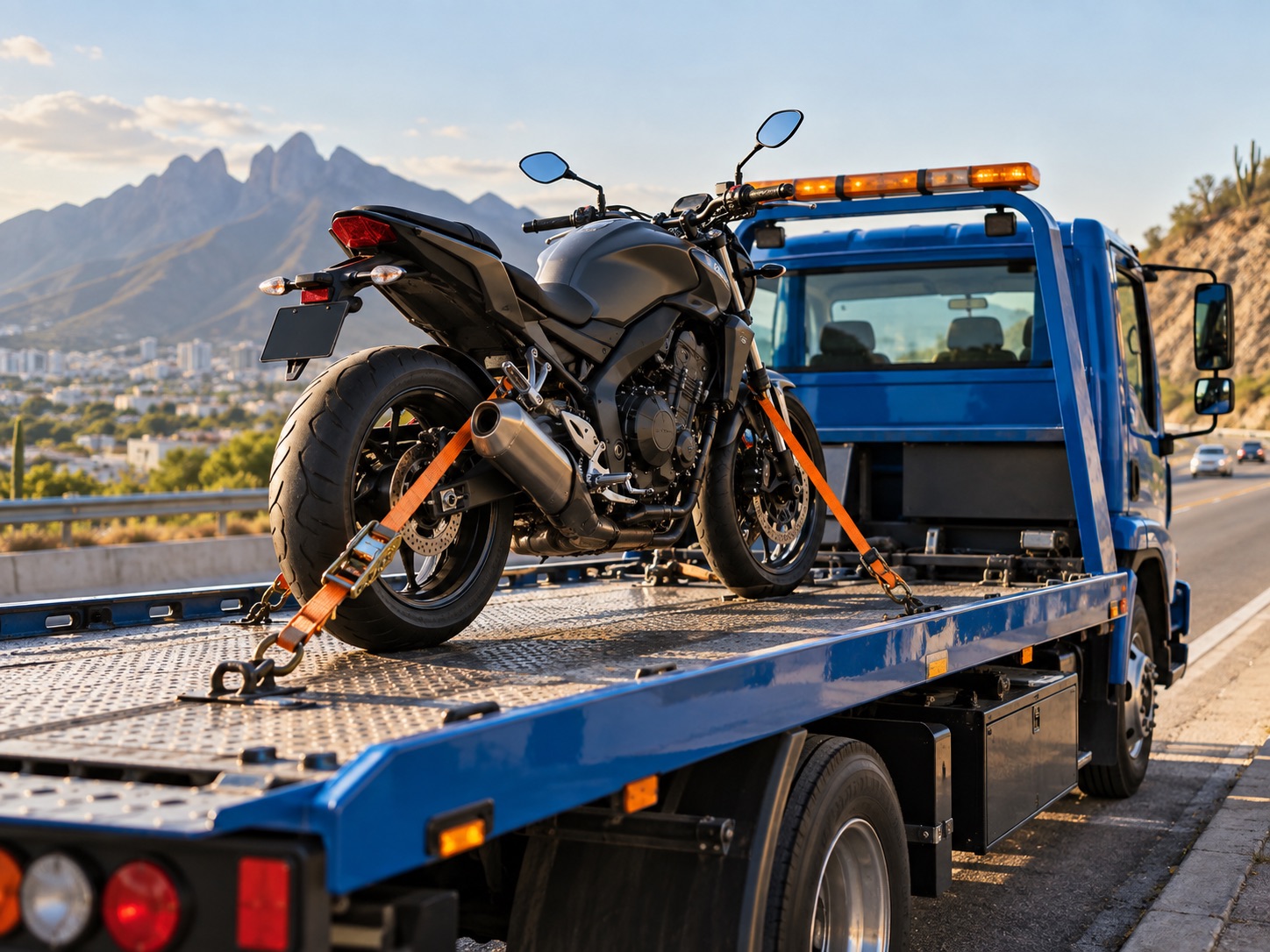 Motocicleta asegurada sobre la plataforma de una grúa azul