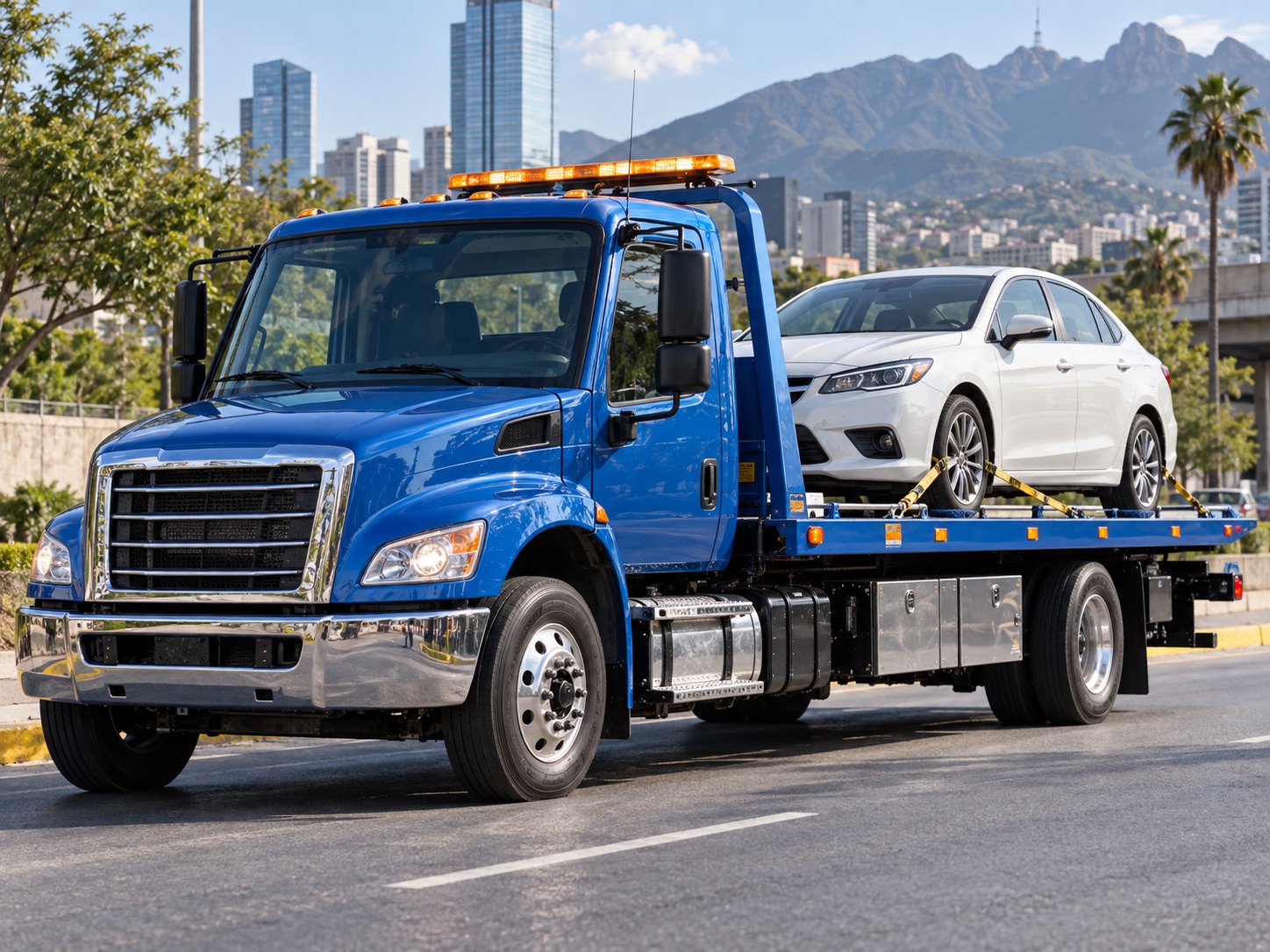 Grúa de plataforma azul transportando un automóvil blanco